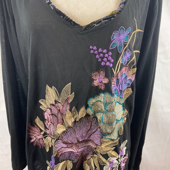 Aratta Silent Gourney Top XL Black Embroidered Purple Green Blue Floral - Picture 4 of 13